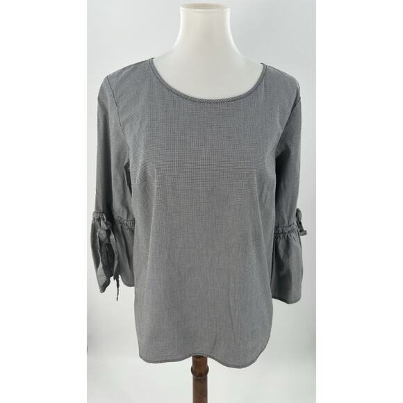 J.Crew Women’s Gingham Bell Sleeve Blouse Top Black White Check Size M Cotton - Picture 1 of 9